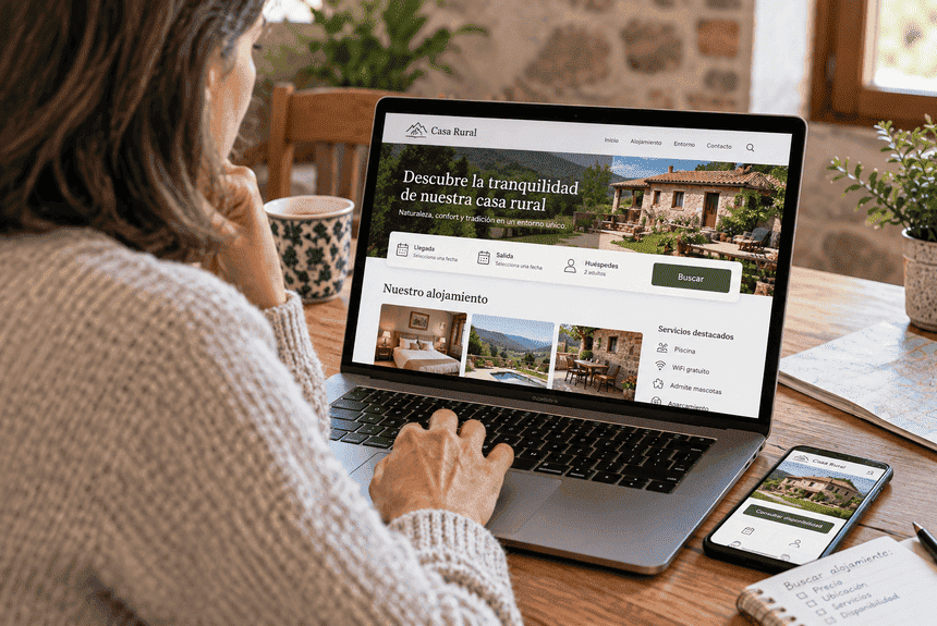 Persona consultando información de un alojamiento rural en una página web
