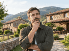 Propietario de un alojamiento rural pensativo delante de varias casas rurales