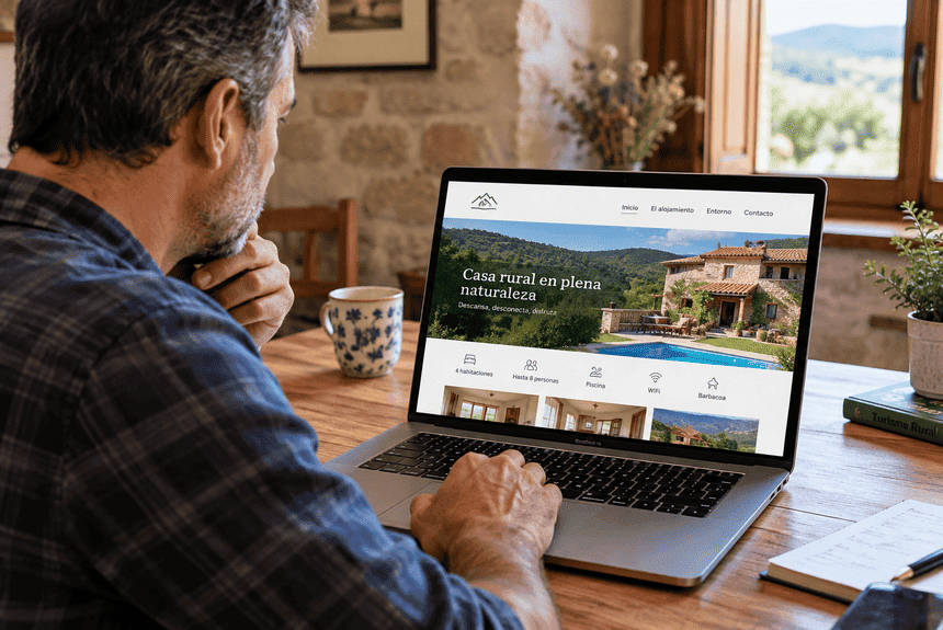 Propietario de un alojamiento rural revisando su página web que no genera reservas